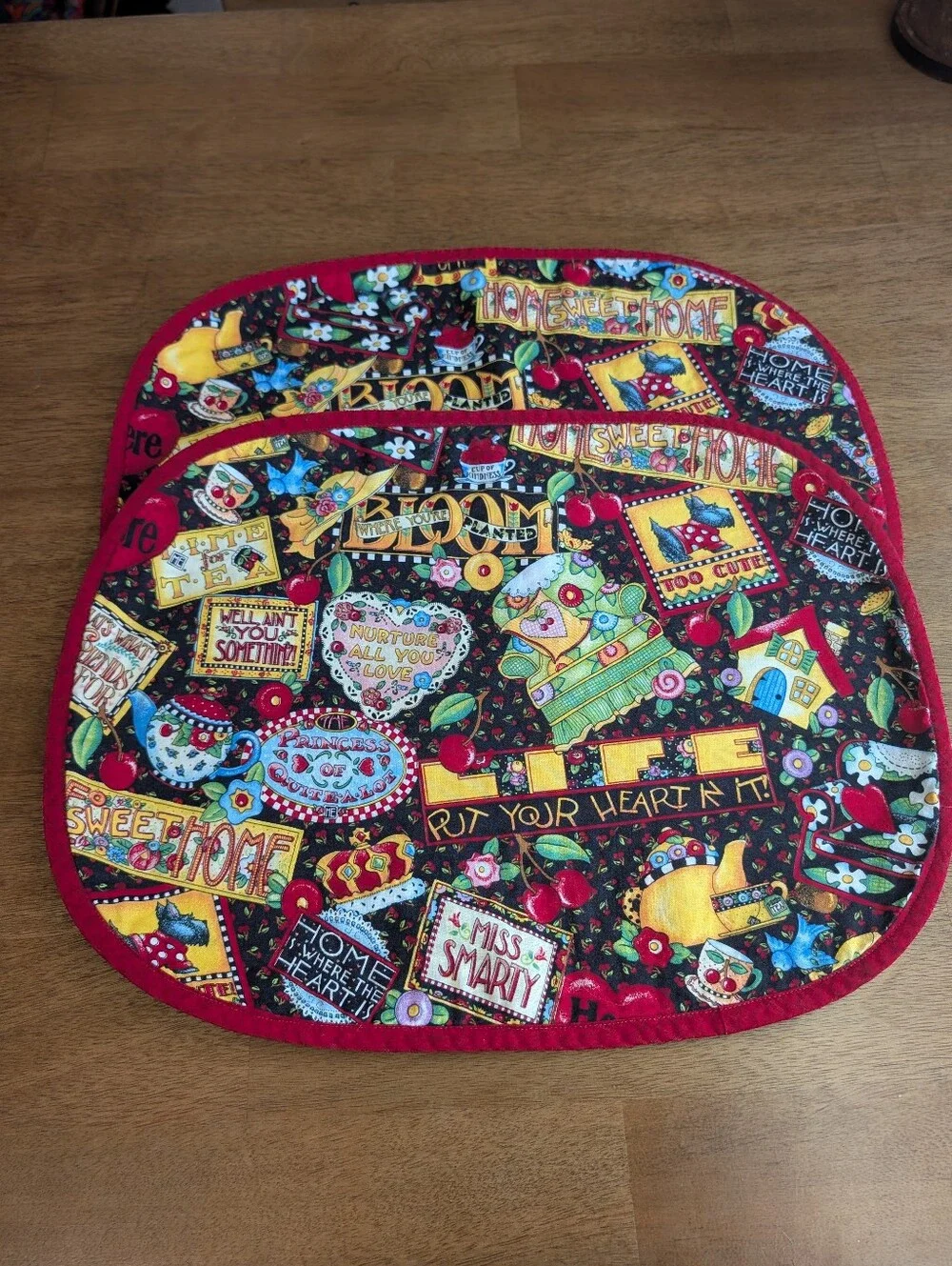 Set of 2 Mary Engelbreit Placemats Handmade Miss Smarty Time for Tea Cherries
